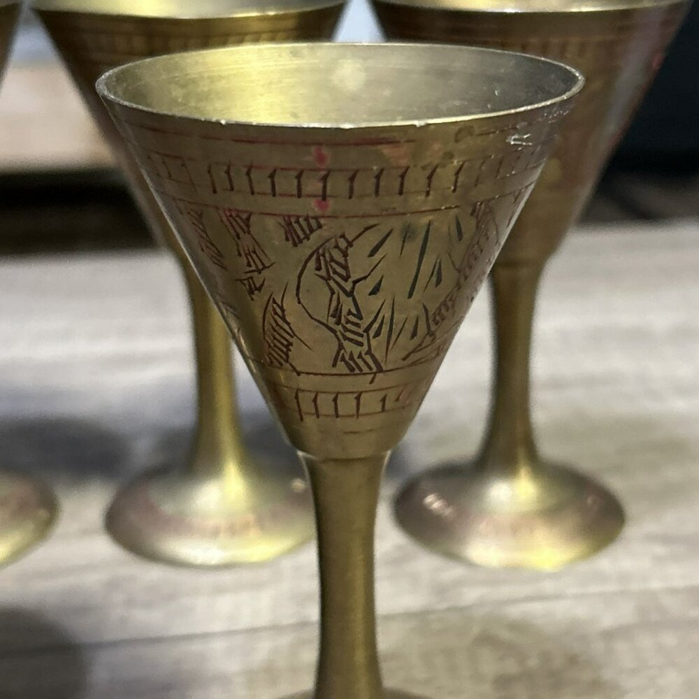 Etched Brass Wine Goblet India Table Top Decor Vintage Beware 5 Small Solid Cups - Picture 9 of 9